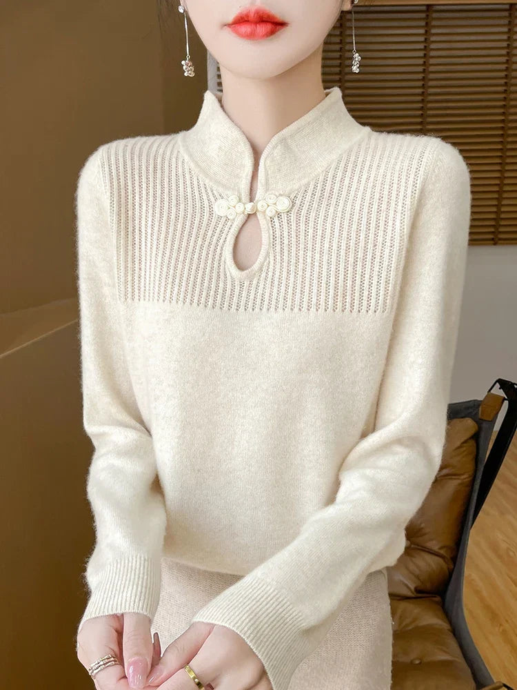 WW | Damenpullover aus Merinowolle mit Mandarin-Kragen