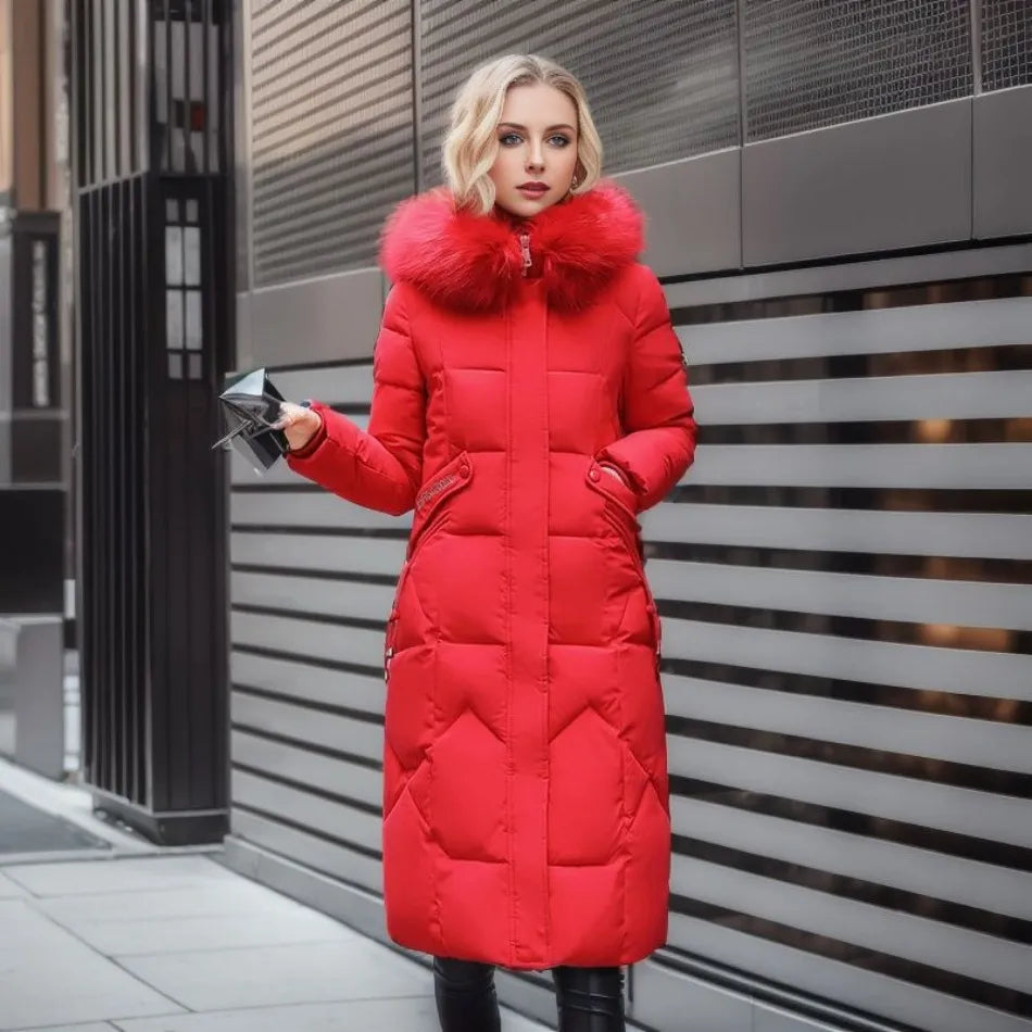 WW | Lange Pufferjacke Pelzkragen Gepolstert Winterjacke Langen Überjacke