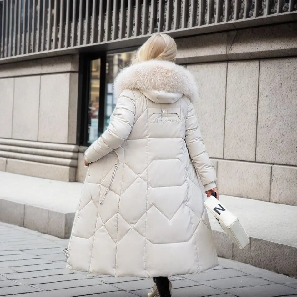 WW | Lange Pufferjacke Pelzkragen Gepolstert Winterjacke Langen Überjacke
