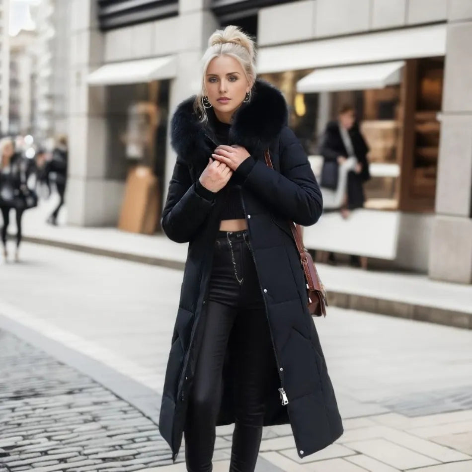 WW | Lange Pufferjacke Pelzkragen Gepolstert Winterjacke Langen Überjacke