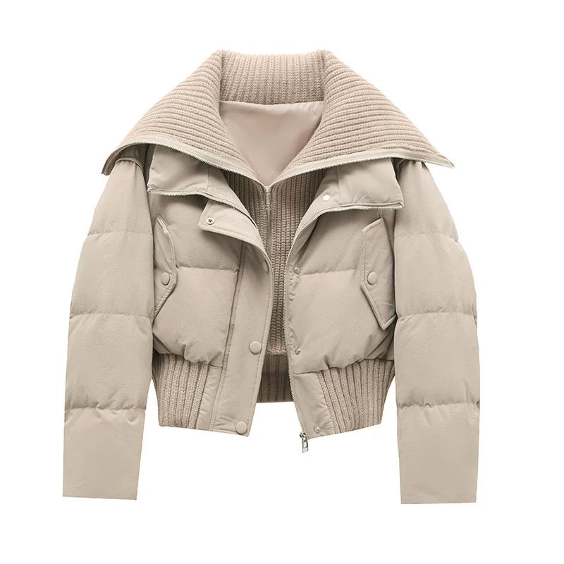 WW | Damen Kurze Puffer Winterjacke Gepolstert mit Rippstrickkragen