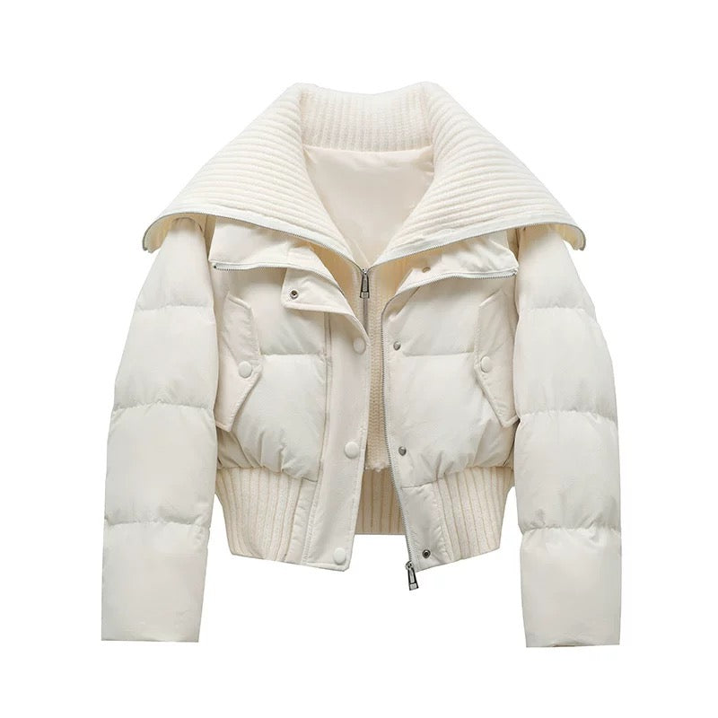 WW | Damen Kurze Puffer Winterjacke Gepolstert mit Rippstrickkragen