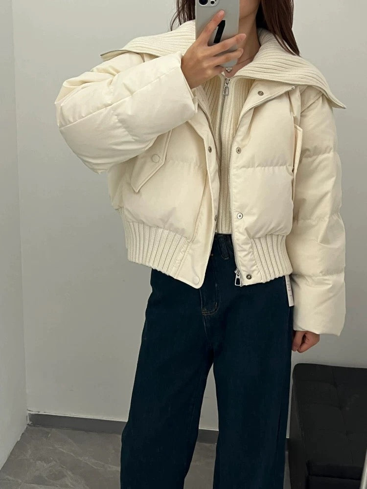WW | Damen Kurze Puffer Winterjacke Gepolstert mit Rippstrickkragen