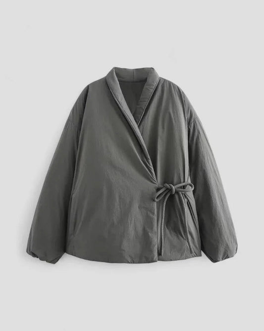 WW | Damen Kurze Gepolsterte Jacke mit Taillengürtel und Wickeldesign