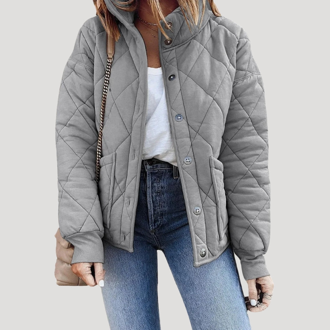 WW | Damen Gestepptes Pufferjacke mit Stehkragen und Reißverschlusstaschen