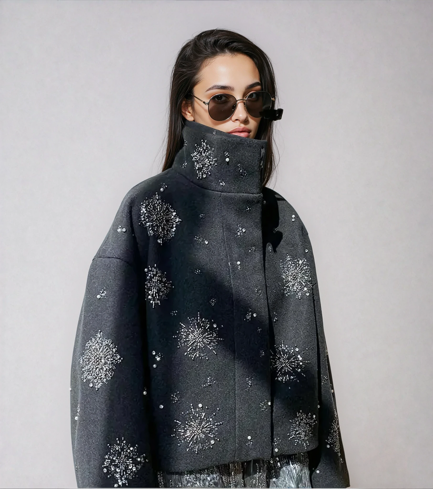 WW | Damen Bestickter Peacoat Mantel mit Perlen und Hohem Kragen
