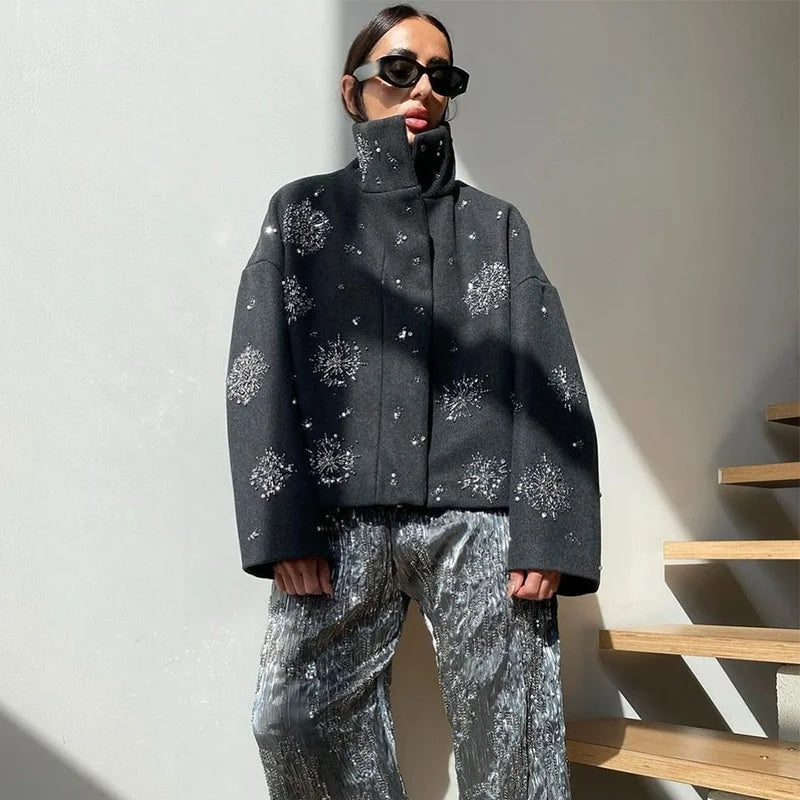 WW | Damen Bestickter Peacoat Mantel mit Perlen und Hohem Kragen