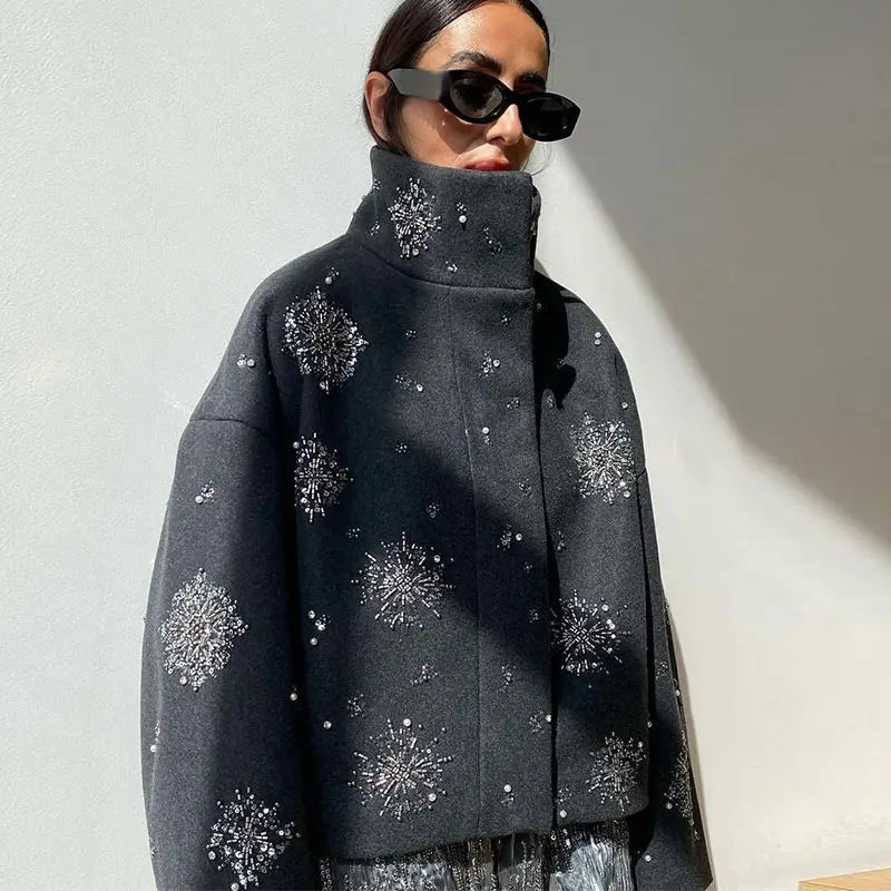 WW | Damen Bestickter Peacoat Mantel mit Perlen und Hohem Kragen
