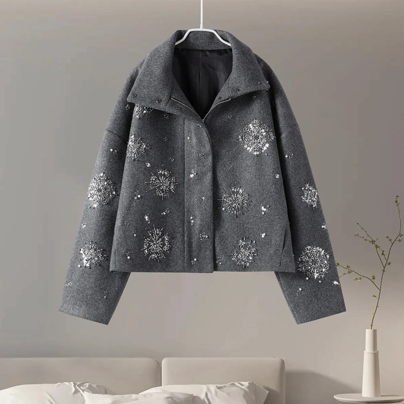 WW | Damen Bestickter Peacoat Mantel mit Perlen und Hohem Kragen