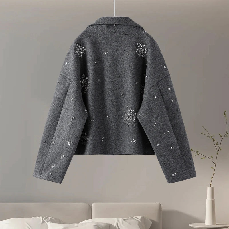 WW | Damen Bestickter Peacoat Mantel mit Perlen und Hohem Kragen