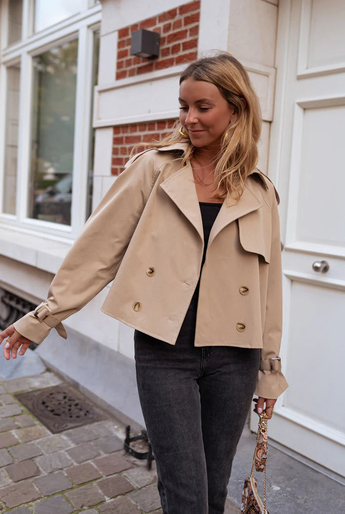 WW | Damen Gekürzter Trenchcoat mit Doppelreihe Knöpfen und Moderne Passform