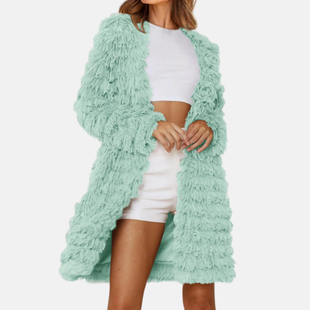 WW | Damen Lange Cardigan mit Schauriger Textur und Offener Vorderseite