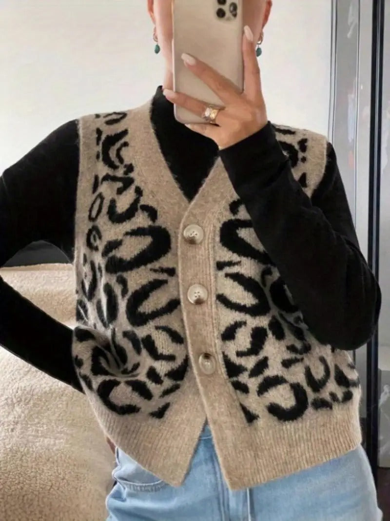 WW | Damen Strick Ärmellose Weste mit Leopardenmuster und Knopfverschluss