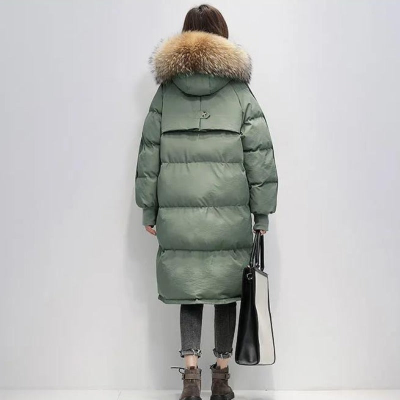 WW | Damen Lange Wattierte Pufferjacke mit Kapuze und Fellkragen
