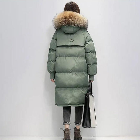 WW | Damen Lange Wattierte Pufferjacke mit Kapuze und Fellkragen