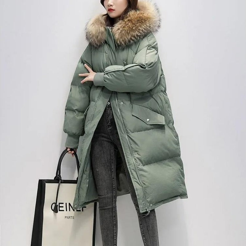 WW | Damen Lange Wattierte Pufferjacke mit Kapuze und Fellkragen