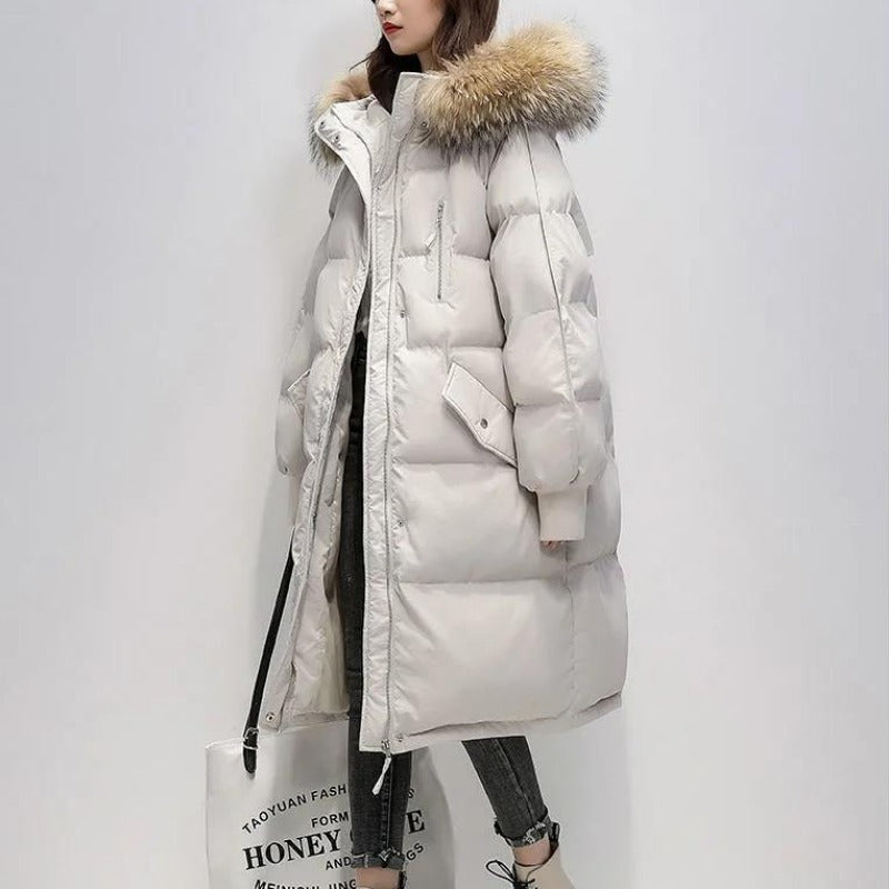 WW | Damen Lange Wattierte Pufferjacke mit Kapuze und Fellkragen