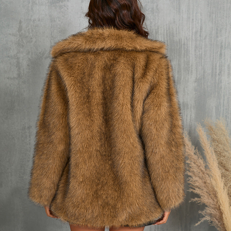 WW | Damen Eleganter Kunstpelz Mantel mit Breitem Kragen und Taschen
