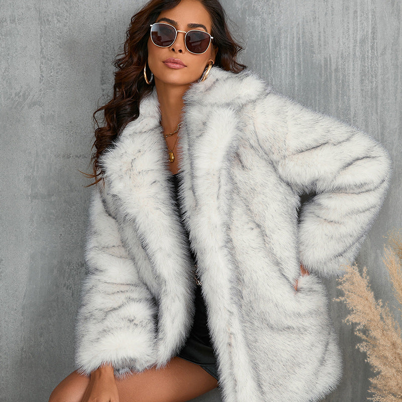 WW | Damen Eleganter Kunstpelz Mantel mit Breitem Kragen und Taschen
