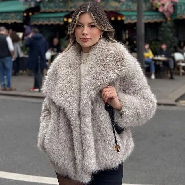WW | Damen Warme Winterjacke Aus Kunstfell mit Breitem Revers