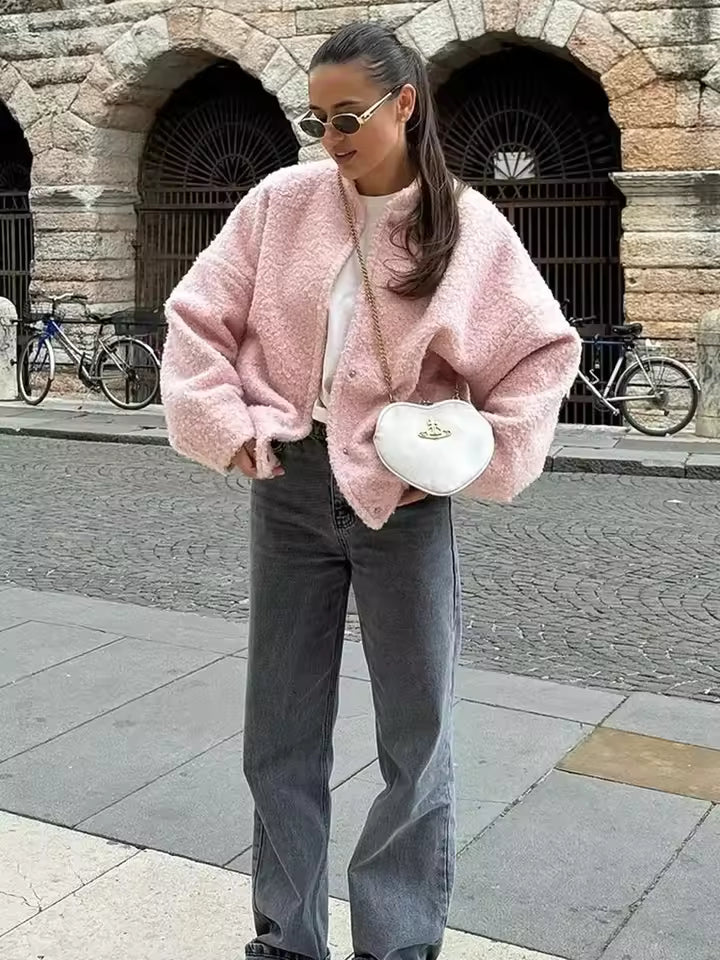 WW | Damen Kurze Bouclé Jacke mit Knöpfen und Lockerer Passform