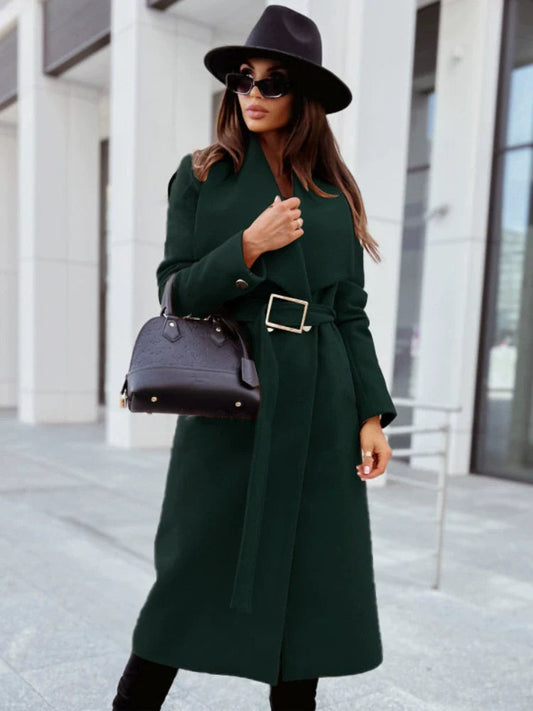 WW | Damen Lange Jacke mit Gürtel und Drapiertem Revers In Wolloptik