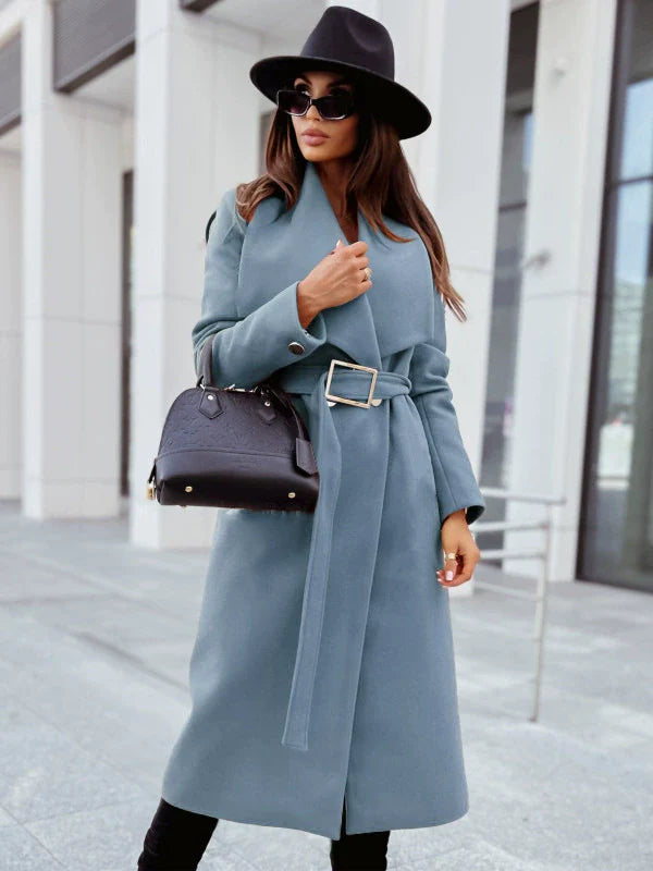 WW | Damen Lange Jacke mit Gürtel und Drapiertem Revers In Wolloptik