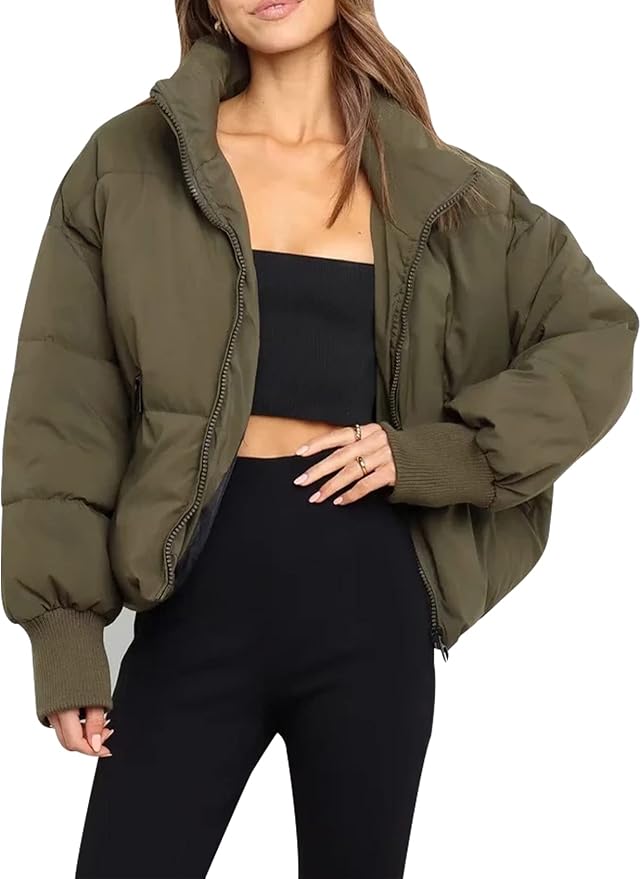 WW | Damen Gewatteete Pufferjacke mit Stehkragen und Schräge Reißverschlusstaschen