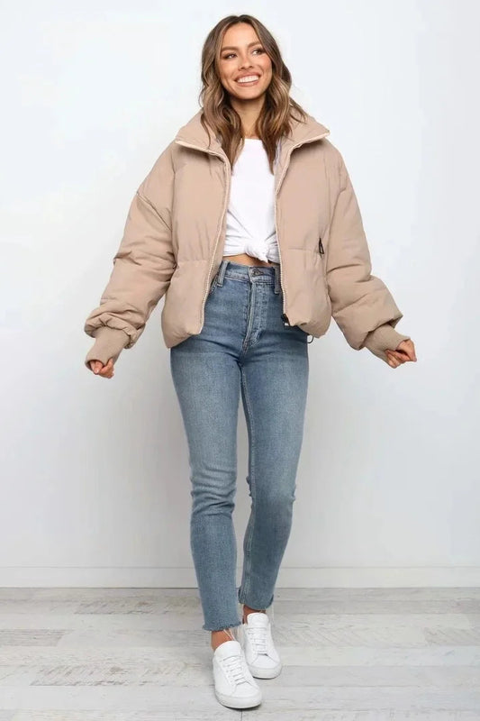 WW | Damen Gewatteete Pufferjacke mit Stehkragen und Schräge Reißverschlusstaschen