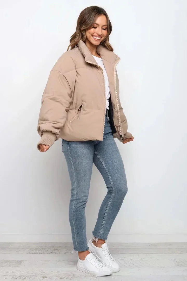 WW | Damen Gewatteete Pufferjacke mit Stehkragen und Schräge Reißverschlusstaschen