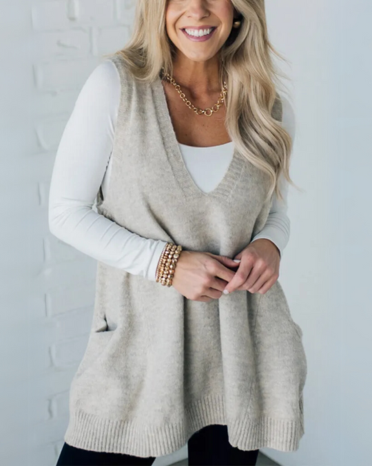WW | Damen Pullover-Cardigan mit V-Ausschnitt und Praktischen Taschen