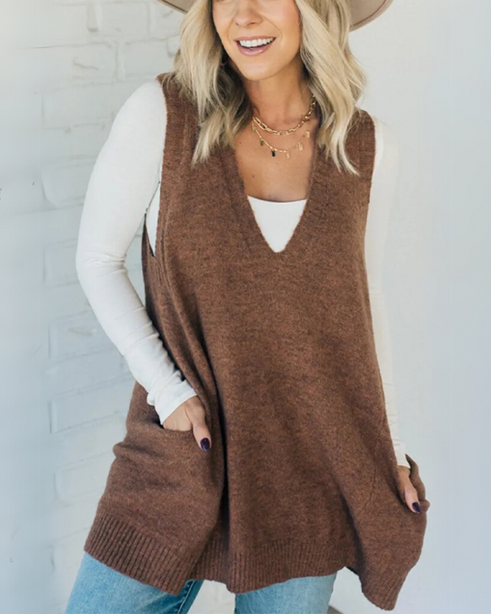 WW | Damen Pullover-Cardigan mit V-Ausschnitt und Praktischen Taschen