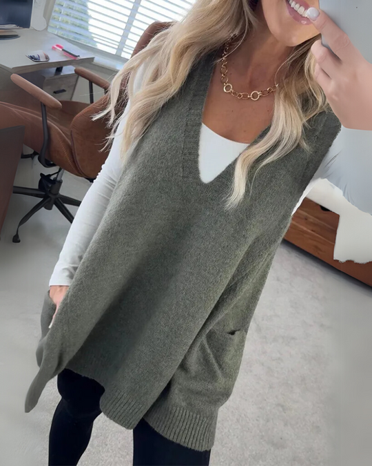 WW | Damen Pullover-Cardigan mit V-Ausschnitt und Praktischen Taschen