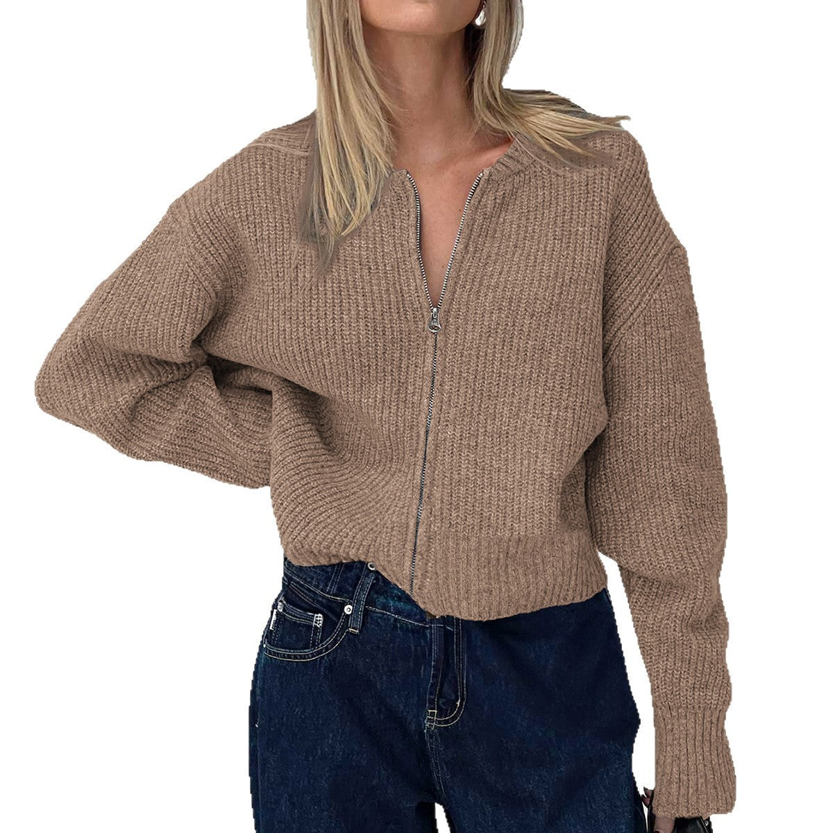 WW | Damen Strickjacke mit Reißverschluss und langen Ärmeln