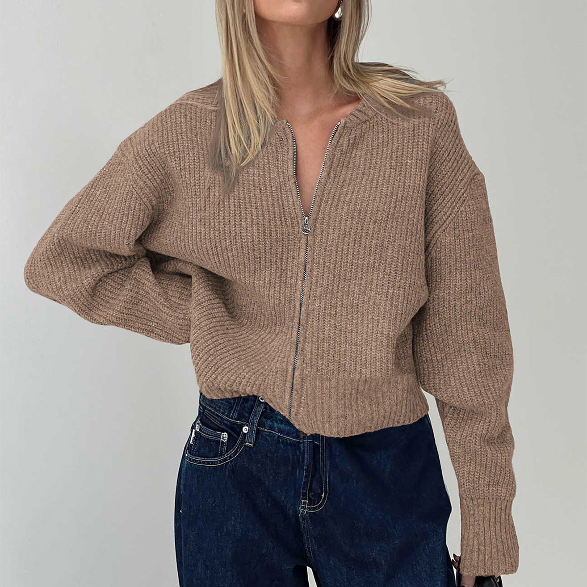 WW | Damen Strickjacke mit Reißverschluss und langen Ärmeln