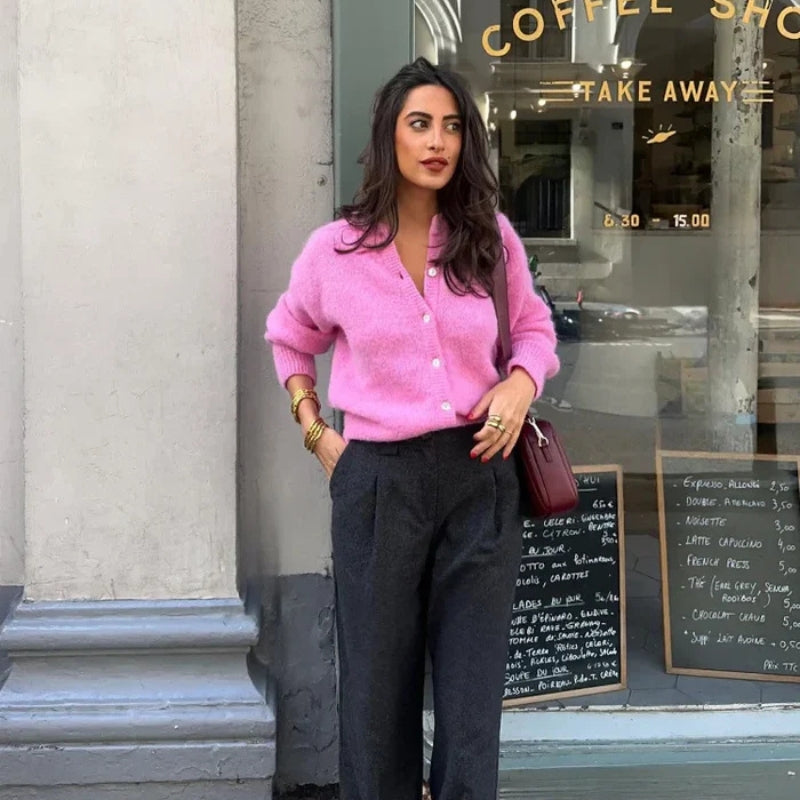 WW | Damen Rosa Cardigan mit Rundhals und Knopfverschluss