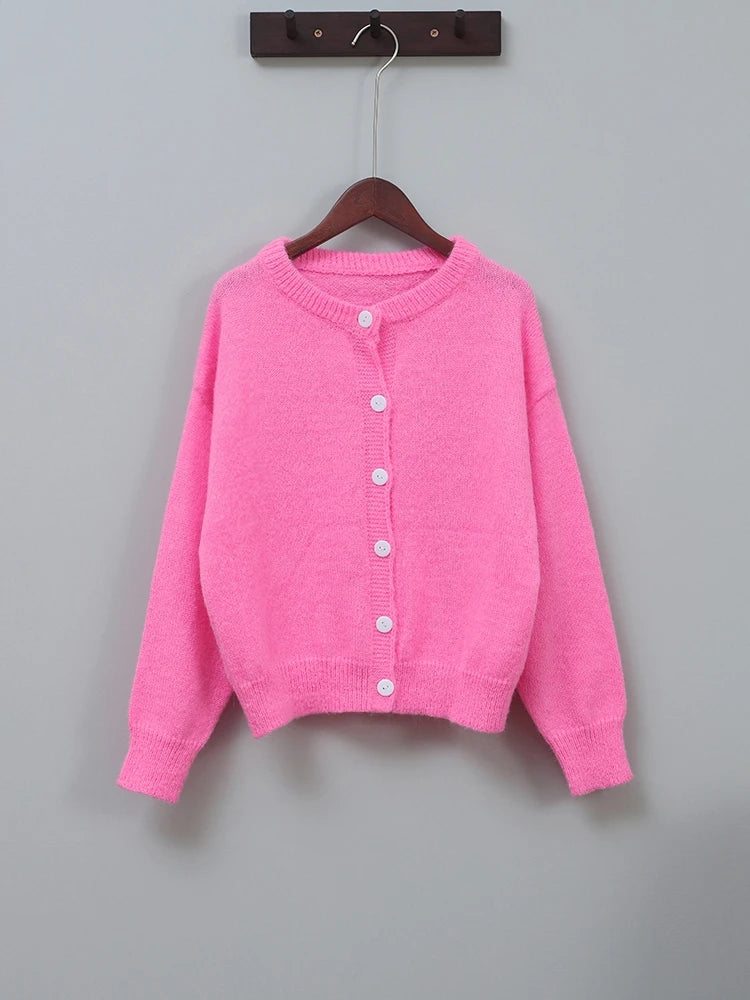 WW | Damen Rosa Cardigan mit Rundhals und Knopfverschluss