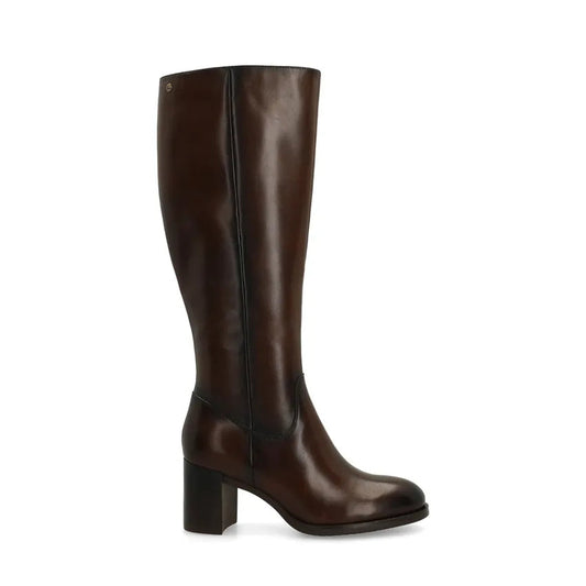 WW | Elegante dunkelbraune kniehohe Stiefel für Frauen – Echtes Leder mit Blockabsatz für ganztäglichen Komfort