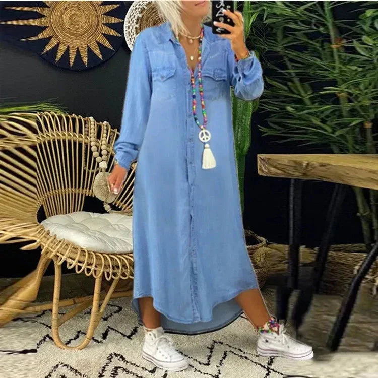 WW | Long-sleeved, loose-fitting, button-up Maxi Shirt Dress