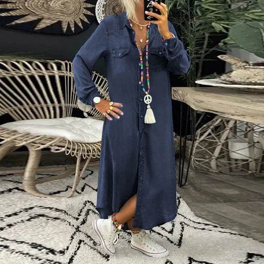 WW | Long-sleeved, loose-fitting, button-up Maxi Shirt Dress