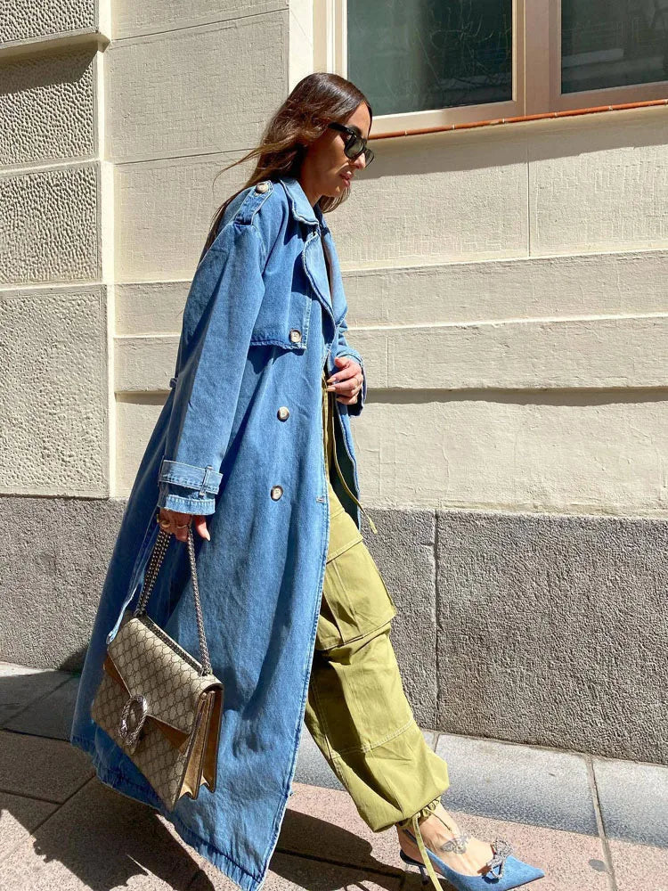WW | Oversized Denim Trench Coat with Button Front Design