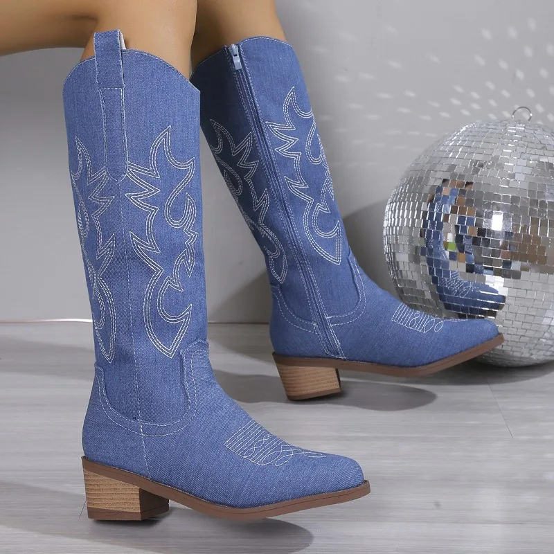 WW | Women's Denim Cowboy Boots with Block Heel and Western Embroidery - Stylish Casual Footwear