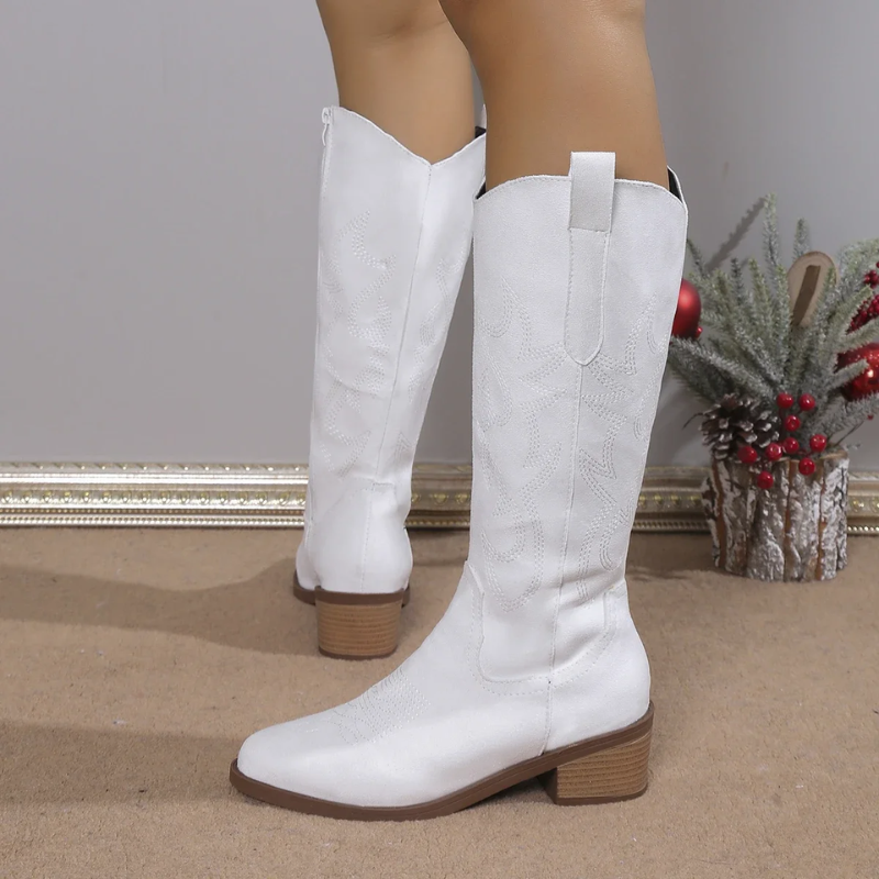 WW | Women's Denim Cowboy Boots with Block Heel and Western Embroidery - Stylish Casual Footwear