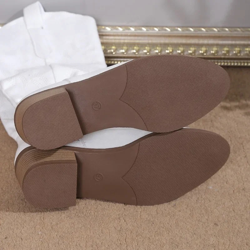 WW | Women's Denim Cowboy Boots with Block Heel and Western Embroidery - Stylish Casual Footwear