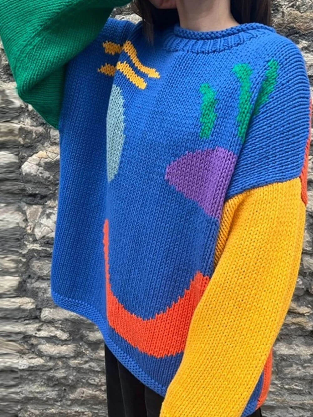 WW | Artist-style knitted sweater - Cozy casual jumper with abstract face pattern