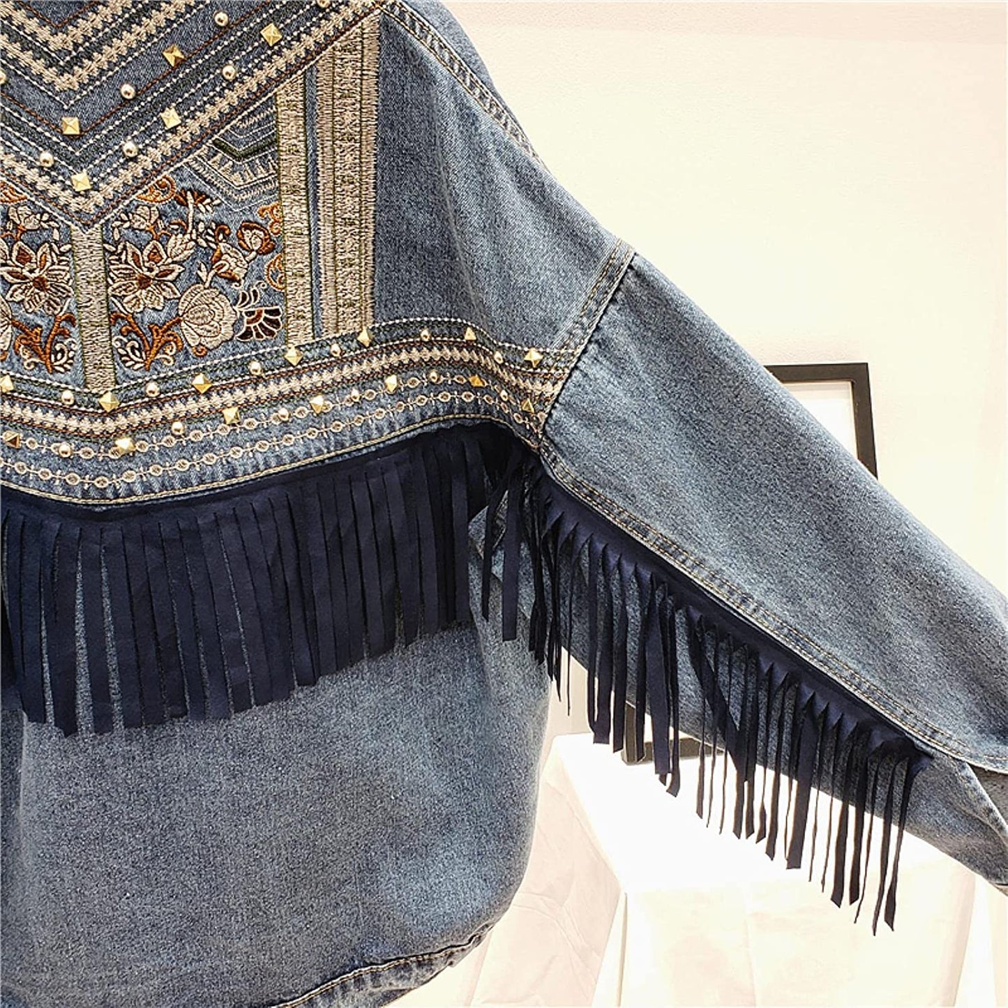 WW | Brooklynn Denim Jacket A unique jacket with floral print and fringe