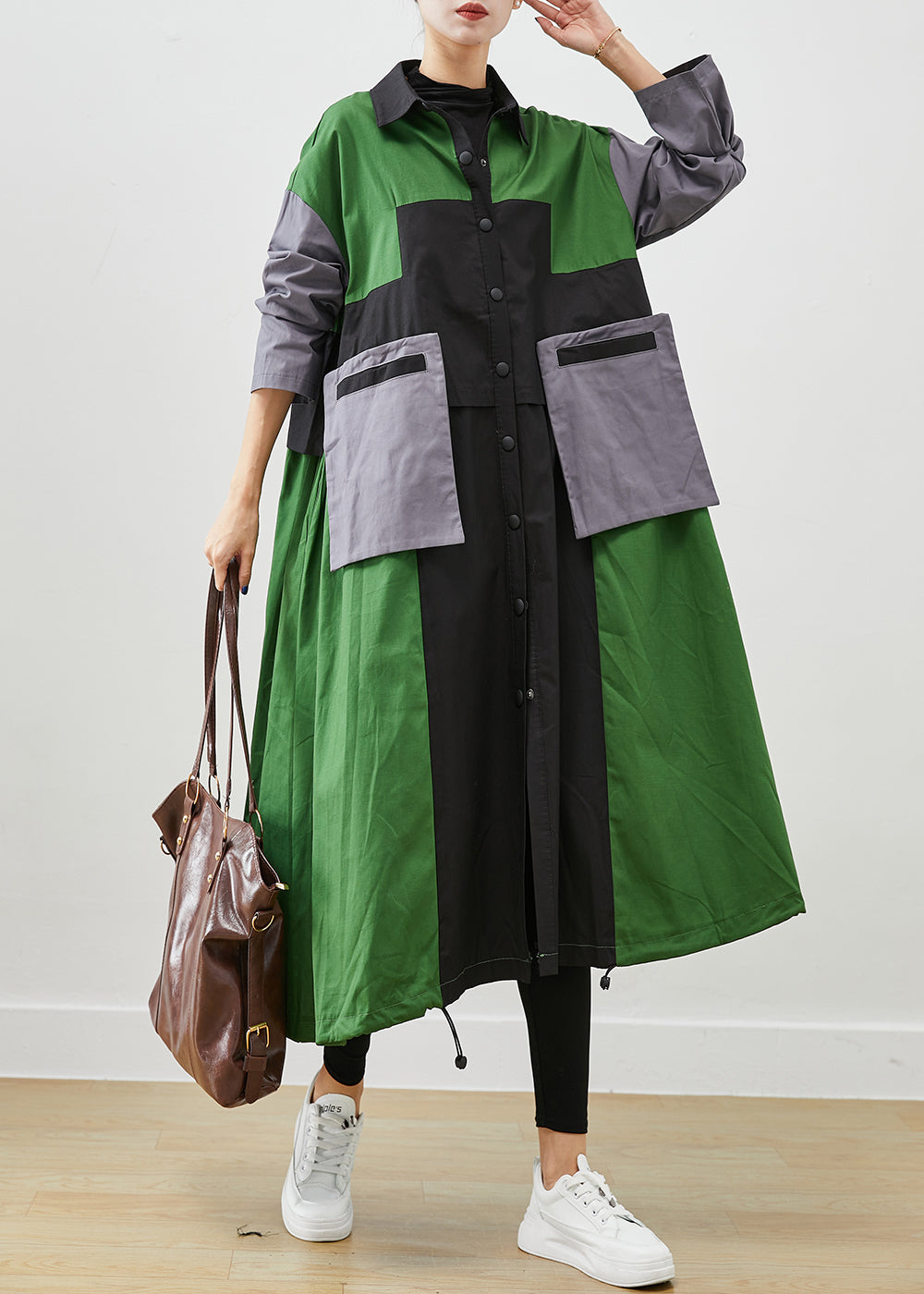 WW | Green Oversized Patchwork Pocket Cotton Coats