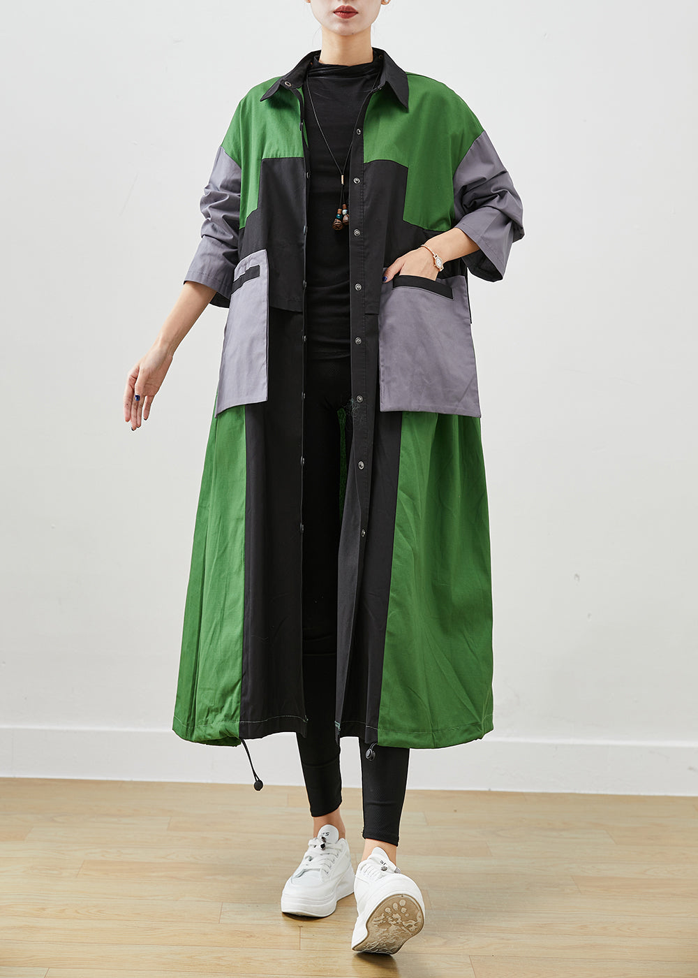 WW | Green Oversized Patchwork Pocket Cotton Coats
