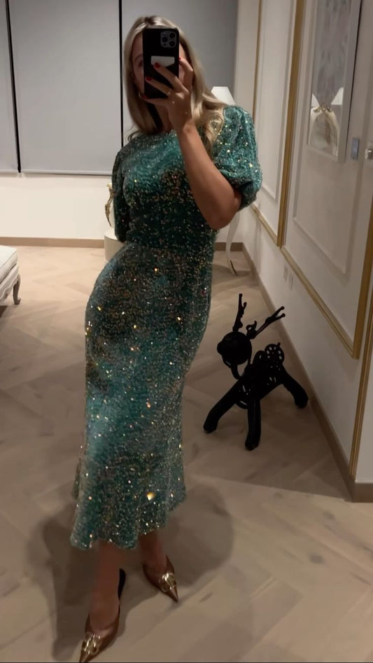WW - Maxi Dress with Round Neckline and Sequin Sleeves