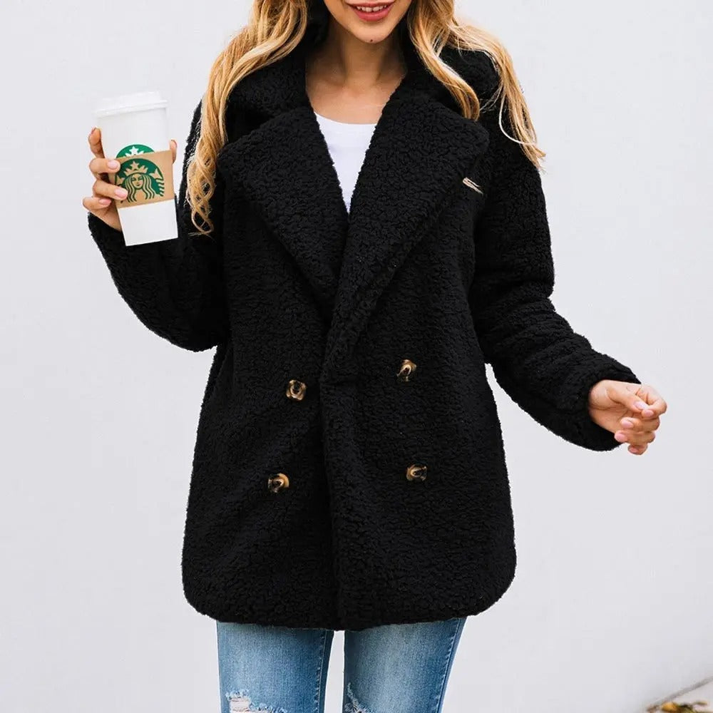 WW | Damen Kurze Teddyjacke mit Reverskragen